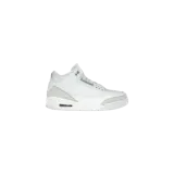 Championes Jordan 3 Retro modelo Pure Money en color blanco, con detalles icónicos de estampado tipo cemento en gris claro y suela con amortiguación Air visible.