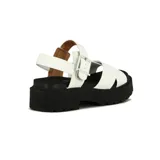 Sandalia Vizzano de mujer con plataforma y taco de 3 cm, tiras blancas cruzadas en el empeine y tira ajustable con hebilla en el talón. Base y suela de color negro.