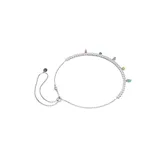 Collar ajustable tipo gargantilla bañado en rodio, compuesto por una hilera de circonitas transparentes y dijes colgantes de colores pastel en tallas mixtas.