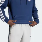 Canguro Adidas Originals de color azul, con capucha ajustable mediante cordones, bolsillo frontal tipo canguro y las icónicas tres rayas blancas en las mangas. Presenta el logo del trébol bordado en el pecho.