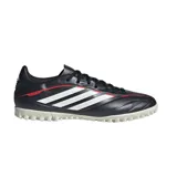 Championes de fútbol Adidas Copa Pure IV Club TF, color negro con las clásicas tres tiras blancas en el lateral, detalles en rojo y suela multitaco de goma blanca.