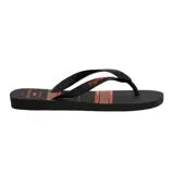 Chanclas negras con rayas horizontales marrones y naranjas.