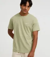 Remera de hombre color verde salvia, confeccionada en algodón peruano, con cuello redondo, manga corta y un pequeño bordado de lettering y palmeras en el pecho.