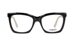 Armazón para lentes de acetato negro, con forma cuadrada y patillas color crema. Marca Lancel, modelo 90060 col 1.
