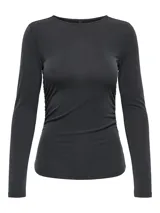 Top de manga larga con cuello redondo, confeccionado en jersey suave. Presenta un diseño ajustado con detalle de frunces laterales que crean un efecto drapeado en el frente.