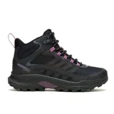 Bota de trekking Merrell modelo Speed Strike 2 Mid, de diseño atlético e impermeable. Presenta una combinación de malla y cuero sintético en color negro con detalles en violeta. Cuenta con suela de goma de alta tracción, cuello acolchado y cierre mediante cordones.