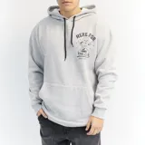 Canguro gris con capucha y cordones negros. Estampa frontal con texto y dibujo de lata de cerveza.