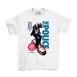 Remera blanca de algodón con estampado gráfico frontal que combina elementos de la película La Pistola Desnuda con la banda The Police.