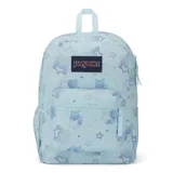 Mochila Jansport modelo Cross Town, color celeste con estampado de estrellas en tonos violeta y azul, bolsillo frontal con cierre, compartimento principal amplio y correas acolchadas ajustables.