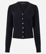 Cardigan negro de punto con cuello en V, mangas largas y cierre frontal con botones perlados.