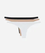 Kit compuesto por tres bombachas tipo colaless de microfibra en colores negro, tostado y blanco, con laterales finos y diseño sin estampa de la marca Lov.