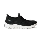 Championes deportivos Skechers Hands Free Slip-ins Flex Step Soft Stroll, color negro con suela blanca. Diseño sin cordones con capellada de punto, plantilla Skechers Air-Cooled Memory Foam y amortiguación Luxe Foam.