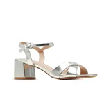 Sandalias Korium Soliva de tacón ancho, color negro, con tiras cruzadas en la parte delantera y tira ajustable con hebilla en el tobillo.