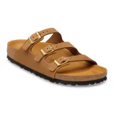 Sandalias Birkenstock modelo Florida, de color marrón visón, con tres tiras delgadas ajustables con hebillas doradas, plantilla anatómica de corcho y suela negra.
