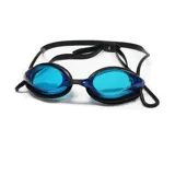 Lentes de natación Everlast con lentes azules, marco negro y tira ajustable negra.