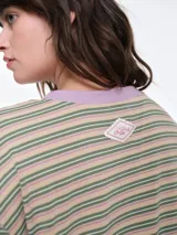 Remera de dormir de corte oversize con estampado de rayas horizontales, confeccionada en algodón con elastano. Presenta cuello redondo en rib de color rojo contrastante y mangas largas.