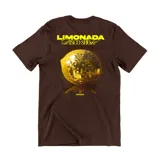 Remera marrón de manga corta con estampado en la espalda que incluye el texto "Limonada Disco Show" y una gran bola de discoteca con forma de limón.