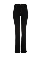 Pantalón de jean bootcut color negro con costuras en color naranja, tiro alto, pretina con trabillas, cierre frontal con cremallera y botón, y cinco bolsillos.