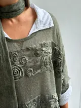 Sweater de punto color verde oliva con diseño de paneles horizontales de encaje floral, corte holgado y mangas tres cuartos. Incluye una bufanda del mismo tono y tejido, y se presenta superpuesto sobre una camisa blanca de cuello clásico.