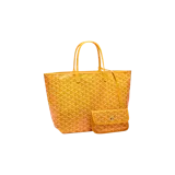 Bolso tipo tote Goyard Saint Louis PM de color amarillo, con estampado geométrico característico de la marca y asas finas de mano. Incluye un pequeño monedero o pochette removible adjunto con tira de cuero.