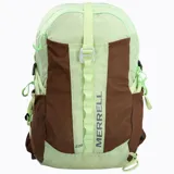 Mochila de senderismo Merrell Crest Daypack con capacidad de 22 litros, en combinación de colores verde claro y marrón. Cuenta con diseño ergonómico, respaldo acolchado, bolsillos laterales para botellas, cinta frontal daisy chain y correas ajustables con silbato de emergencia.
