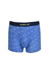 Boxer de algodón color azul con estampado de caritas sonrientes y llamas pequeñas en color amarillo. Presenta una cintura elástica ancha en color azul marino con la inscripción 'motor oil' en letras amarillas.