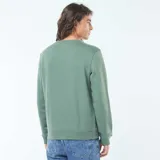 Buzo de felpa perchada color verde con cuello redondo y mangas largas.