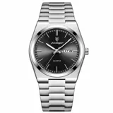 Reloj Poedagar modelo Monaco 930, con caja y malla de acero inoxidable plateado, esfera negra con indicador de día y fecha, y movimiento de cuarzo.