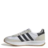 Championes Adidas modelo Run 72, con diseño retro inspirado en los años 70. Presentan una combinación de paneles de gamuza en tono beige y cuerpo de material sintético blanco, con las icónicas tres tiras laterales en negro. Incluyen mediasuela con tecnología Cloudfoam para mayor amortiguación y suela de goma color caramelo.