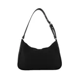 Cartera tipo bandolera Las Oreiro de color negro, con dos bolsillos frontales con cierre, correa regulable y detalles de cordones laterales.