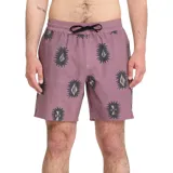 Short de baño rosa con estampado de formas tribales oscuras, cintura elástica con cordón negro ajustable.