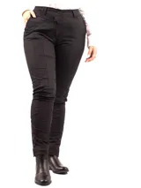 Pantalón de montar negro tableado, de corte ajustado y tiro alto, con detalles de botones en el tobillo.