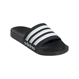 Chancletas Adidas Adilette Shower unisex, color negro con tres tiras blancas.