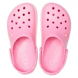 Zuecos Crocs modelo Crocband™ en color lila claro con plataforma blanca y una línea decorativa morada. Presentan el diseño clásico con orificios de ventilación y tira trasera ajustable.