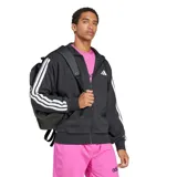 Campera deportiva Adidas M 3S FT FZ HD de color negro con cierre frontal, capucha ajustable y bolsillos tipo canguro. Presenta las icónicas tres tiras blancas en las mangas y el logo de la marca estampado en el pecho.