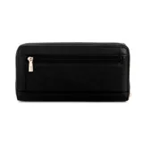 Billetera Guess modelo Coleen de color negro, confeccionada en material sintético con cierre perimetral y tira de muñeca desmontable. Presenta el logo de la marca y la letra 'G' metálica en tono dorado en la parte frontal.