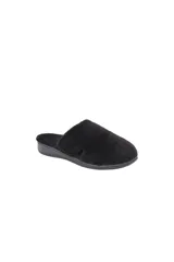 Pantuflas tipo mule de tela de rizo color negro, con diseño ergonómico, cierre ajustable de velcro en el empeine y suela de EVA que absorbe impactos.