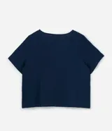 Blusa Ashua de viscosa color azul marino, con escote en V, manga corta y detalle de recortes verticales en el frente.