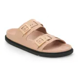 Sandalia de dos correas con hebillas metálicas doradas, diseño anatómico con base de color negro y capellada en tono beige.