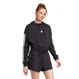 Canguro corto Adidas Essentials French Terry color negro con capucha y cordones ajustables, logo estampado en el pecho y tres tiras blancas en las mangas.