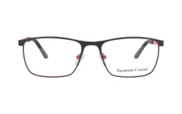 Lentes con armazón rectangular de metal color negro con detalles en rojo, de la marca Nazareno Corsini.