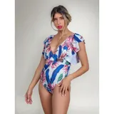 Malla enteriza de diseño estampado con motivos tropicales en tonos azul, fucsia y verde sobre fondo blanco, con escote en V y volados en las mangas.