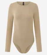 Body de manga larga con cuello redondo, confeccionado en tejido de poliamida y elastano sin costuras. Presenta un diseño ajustado al cuerpo con cierre inferior mediante botones de presión.