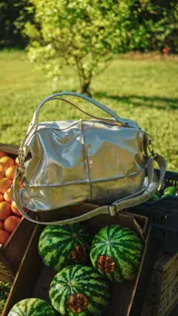 Bolso tipo hobo de cuero en tono dorado metalizado, con diseño amplio y flexible. Cuenta con doble correa de hombro, cierre superior y herrajes metálicos.