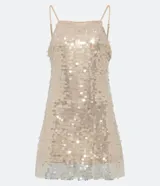 Vestido corto con escote cuadrado y breteles finos ajustables, confeccionado en tejido de lentejuelas metalizadas con forro.