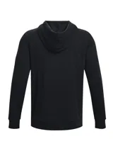 Buzo con capucha Under Armour de color negro, confeccionado en forro polar de mezcla de algodón con interior cepillado. Presenta bolsillo canguro delantero, puños y bajo acanalados, y el logotipo de la marca bordado en el pecho.