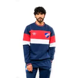 Buzo de cuello redondo Umbro del Club Nacional de Football, color azul marino con franjas horizontales roja y blanca en el pecho. Incluye logo de Umbro y escudo del club bordados en el frente.