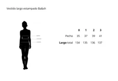 Vestido largo con estampado caleidoscópico en tonos rosa, rojo y verde. Presenta tirantes finos, escote en V, corte imperio y falda con volantes. Incluye detalle de trenzas en el pecho y la cintura que se anudan en la espalda descubierta.