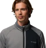 Campera técnica de polar Columbia Titanium, color gris con textura microperforada y panel frontal superior en negro. Cuenta con cierre frontal completo, cuello alto, bolsillo en el pecho con cierre, mangas largas con orificios para pulgares y ribetes elásticos en puños y dobladillo.