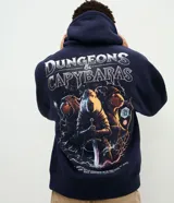 Hoodie de felpa azul marino con capucha, bolsillo tipo canguro y gran estampa en la espalda temática de fantasía con carpinchos guerreros y la inscripción "Dungeons & Capybaras".